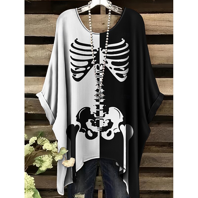Halloween Women's Blouse Skeleton Graphic Skull Vintage Daily Casual Half Sleeve Batwing Sleeve Crew Neck Long Tops Daily Holiday Black White Spring Fall