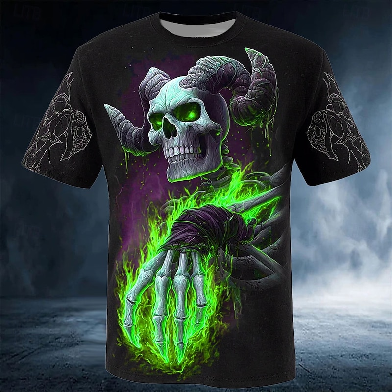 Halloween Men's Skull Optical Illusion 3D Skeleton T Shirt Short Sleeve T shirt 3D Print Crew Neck Shirt Exaggerated Designer Horror Party Street Holiday Yellow Red Blue Summer Spring All Seasons