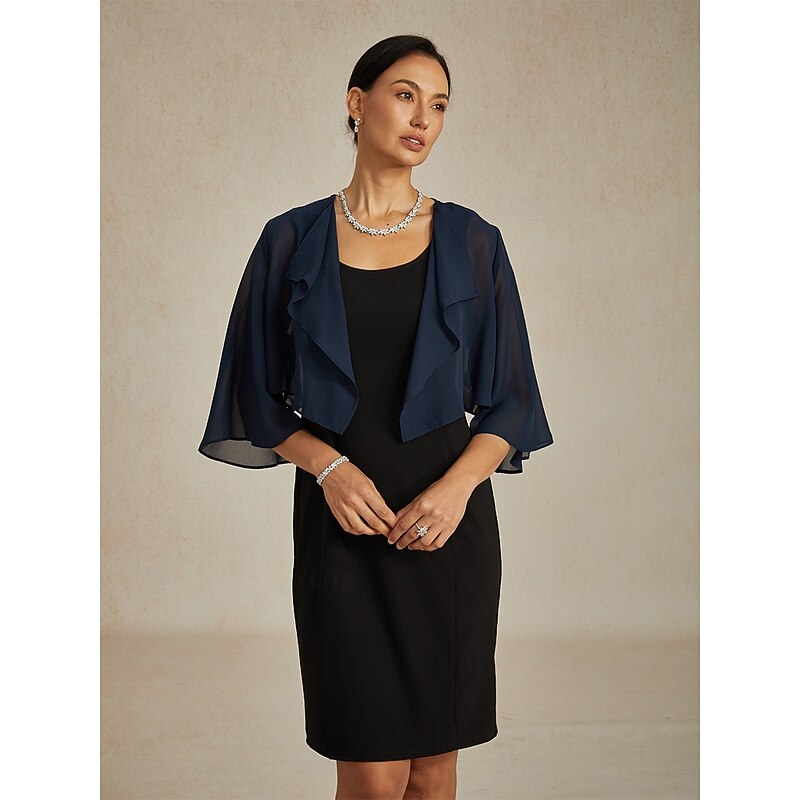 Women's Flowy Tops Chiffon Tops Solid Color Elegant 3/4 Length Sleeve Asymmetrical Crop Tops Wedding Guest Navy Blue Summer Spring Fall