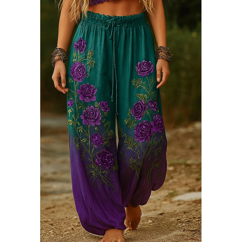 Women's Culottes Wide Leg Wide Leg Chinos Vacation Vintage Ethnic Style Full Length High Waist Floral Graphic Drawstring Patchwork Printing Quick Dry Breathability Soft Inelastic Formal Outdoor