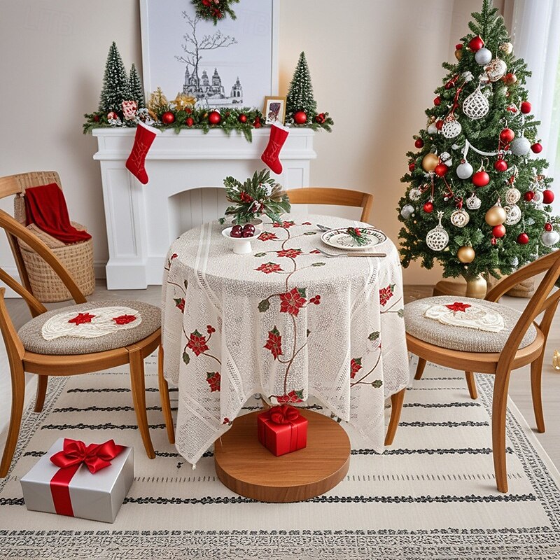 American Style Christmas Tablecloth, Red Embroidered Holiday Table Cover, Home & Commercial Use, Festive Dust-Proof Dining Table Decoration, Seasonal Backdrop Cloth