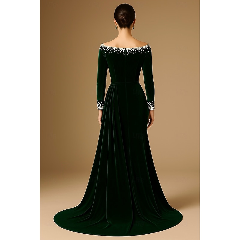 Black Tie Velvet A-Line Sheath / Column Evening Gown Elegant Formal Dress Formal Wedding Sweep / Brush Train Long Sleeve Pearls Off Shoulder with Pleats Ruched 20253