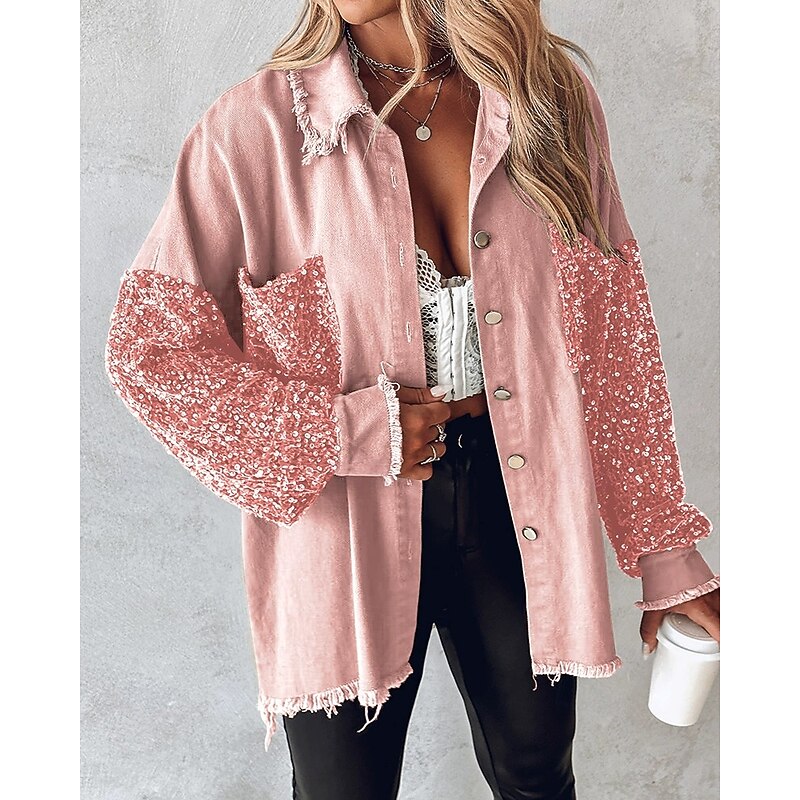 Women's Casual Jacket Comfortable Breathable Pocket Buttons Casual Color Block Vacation Street Casual Daily Wear Single Breasted Short Turndown Loose Fit Long Sleeve Outerwear Pink Spring Fall