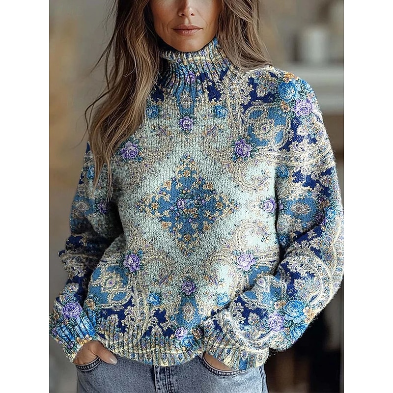 Women's Sweater Pullover Daily Floral Graphic Paisley Ribbed Turtleneck Knitted Print Long Sleeve Regular Tops Knit Outdoor Weekend Blue Fall Winter