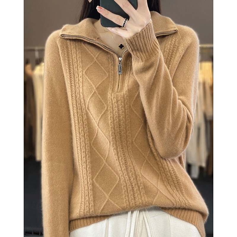 Women's Sweater Pullover Fashion Casual Pure Color Ribbed Half Zip Zipper Knitted Long Sleeve Regular Tops Knit Outdoor Daily Weekend Camel Fall Winter2