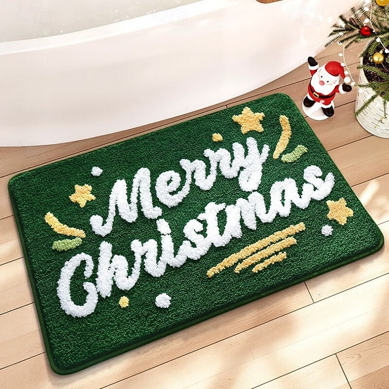 Christmas Bath Mat Cute Cartoon Faux Cashmere Thick Absorbent Floor Rug Non Slip Entryway Bathroom Stain Resistant Durable Easy Care Indoor Decorative Home Accent Carpet4