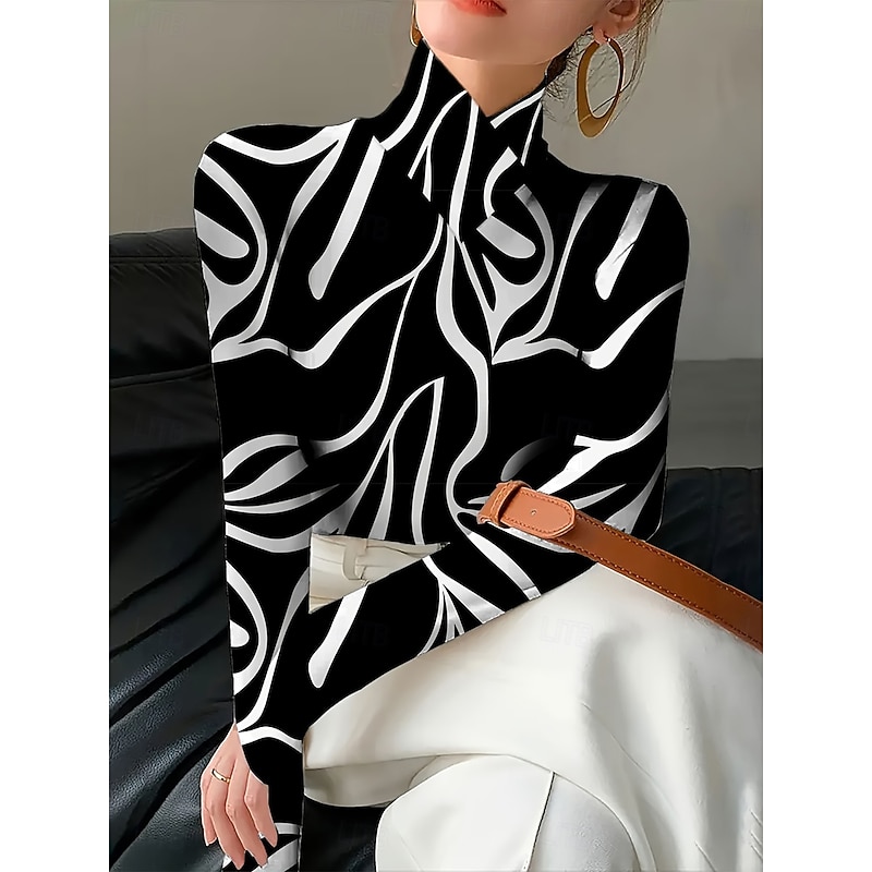 Women's T Shirt Graphic Geometry Elegant Vintage Stylish Long Sleeve Turtleneck High Neck Regular Tops Going out White Yellow Red Blue Fall Winter4