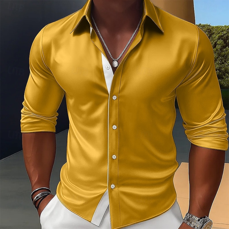 Men's Shirt Satin Shirt Dress Shirt Casual Shirt Button Up Shirt Prom Shirt Plain Formal Wedding Black Red Royal Blue Gold Long Sleeve Lapel All Seasons Clothing Apparel Color Block3