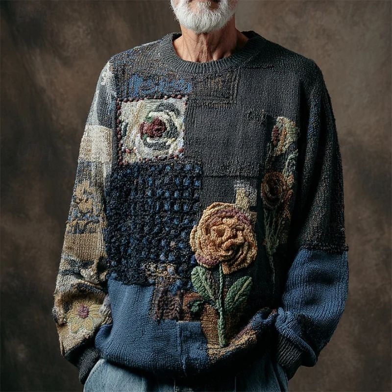 Men's Pullover Sweater Jumper Knit Sweater Ribbed Knit Regular Tops Knitted Print Floral Print Crew Neck Country Vintage Retro Vacation Daily Wear Clothing Apparel Fall Winter Gray S M L
