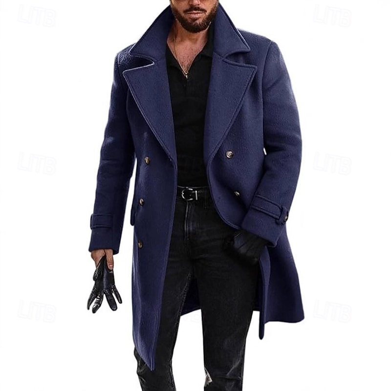 Men Overcoat Peacoat Long Trench Coat Trench Coat Business Casual Fall Winter Autumn Polyester Outerwear Clothing Apparel Classic Formal Plain Notch lapel collar2