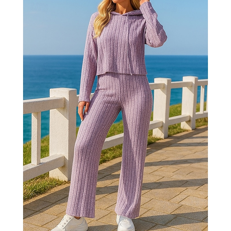 Women's Knitted Sweatsuits Hooded Sweatshirt Lounge Suits Drawstring Solid Colored Clothing Suit Fall Black Purple Vocation Outdoor Travel Lightweight Fashion Long Sleeve Sport Activewear3