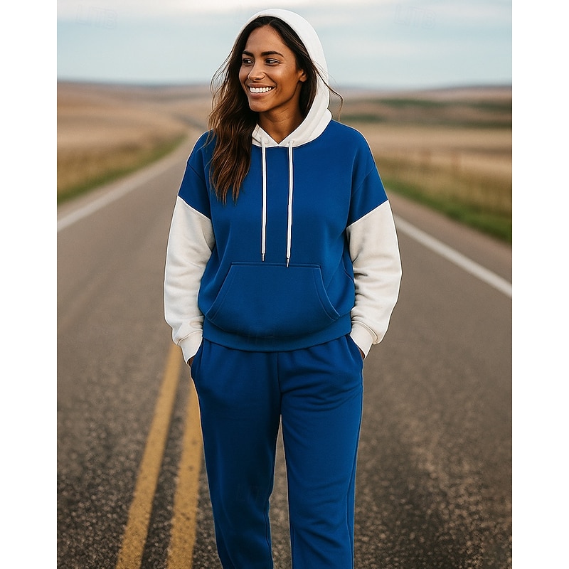 Women's 2 Piece Tracksuit Lounge Hoodie Sweatsuit Sets Baggy with Pocket Color Block Clothing Suit Fall Black Blue Hiking Vocation Outdoor Long Sleeve Sport Activewear Micro-elastic Regular Fit3