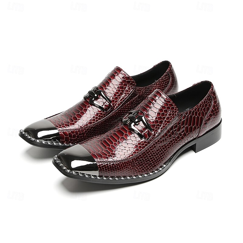 Men's Genuine Cowhide Leather Burgundy Snake Pattern Slip-On Loafers with Metal Buckle – Elegant Party and Evening Dress Shoes2