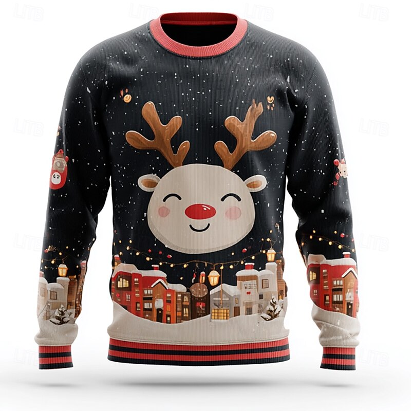 Ugly Christmas Sweater Men's Elk Pullover Sweater Jumper Knitwear Crewneck Casual Vacation Daily Festival 3D Print Keep Warm Long Sleeve Spring Fall Winter Black Red Orange3