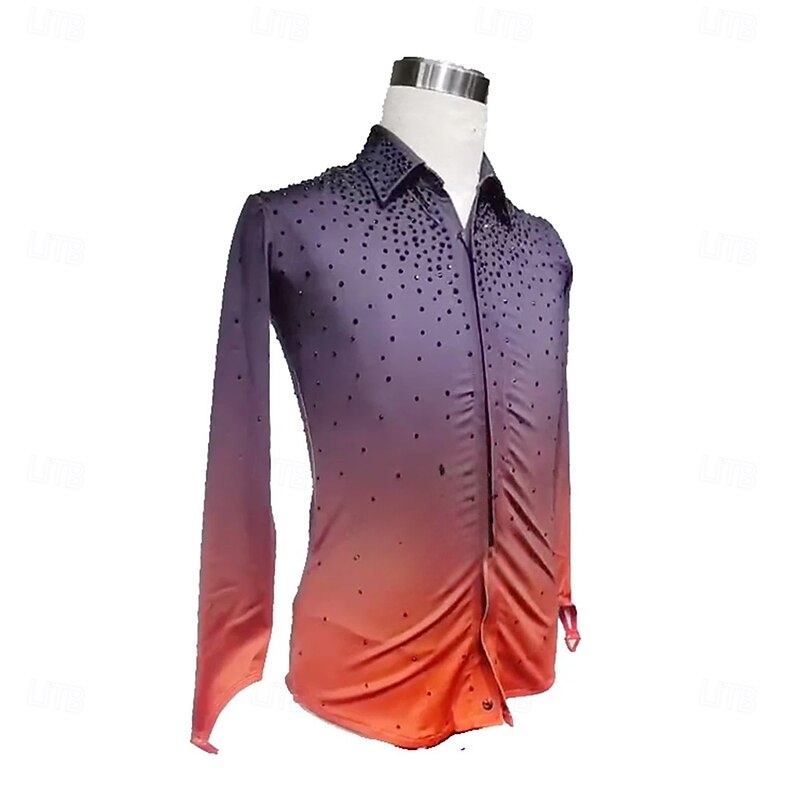 Figure Skating Top Men's Boys' Ice Skating Tops Orange Patchwork Thumbhole Spandex High Elasticity Training Competition Skating Wear Classic Crystal / Rhinestone Long Sleeve Ice Skating Figure Skating3