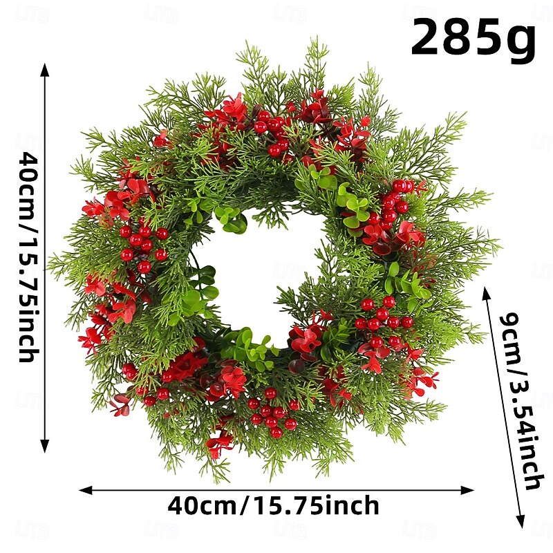 Christmas Wreath for Front Door, Indoor & Outdoor Decoration, Artificial Eucalyptus with Red Berries and Pine Needle Garland, Holiday Hanging Decor for Wall, Door, and Window3