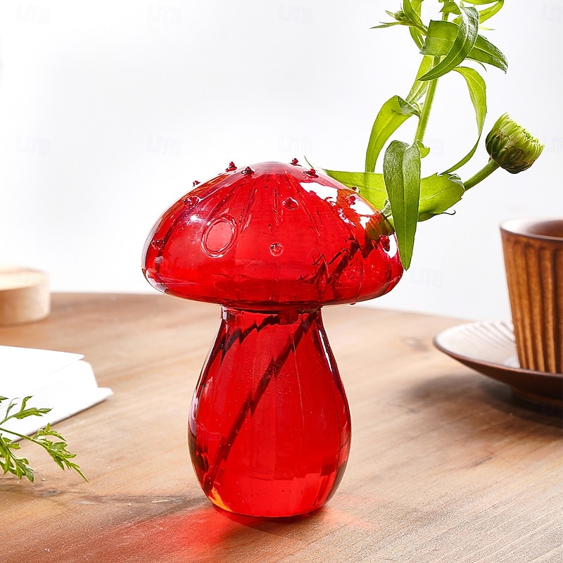 Red Glass Mushroom Decorative Vase, Simple Solid-Color Glass Home Décor Ornament, Ideal for Flowers, Green Plants, Hydroponics, Indoor Tabletop, Dining Room, and Year-Round Home Decoration