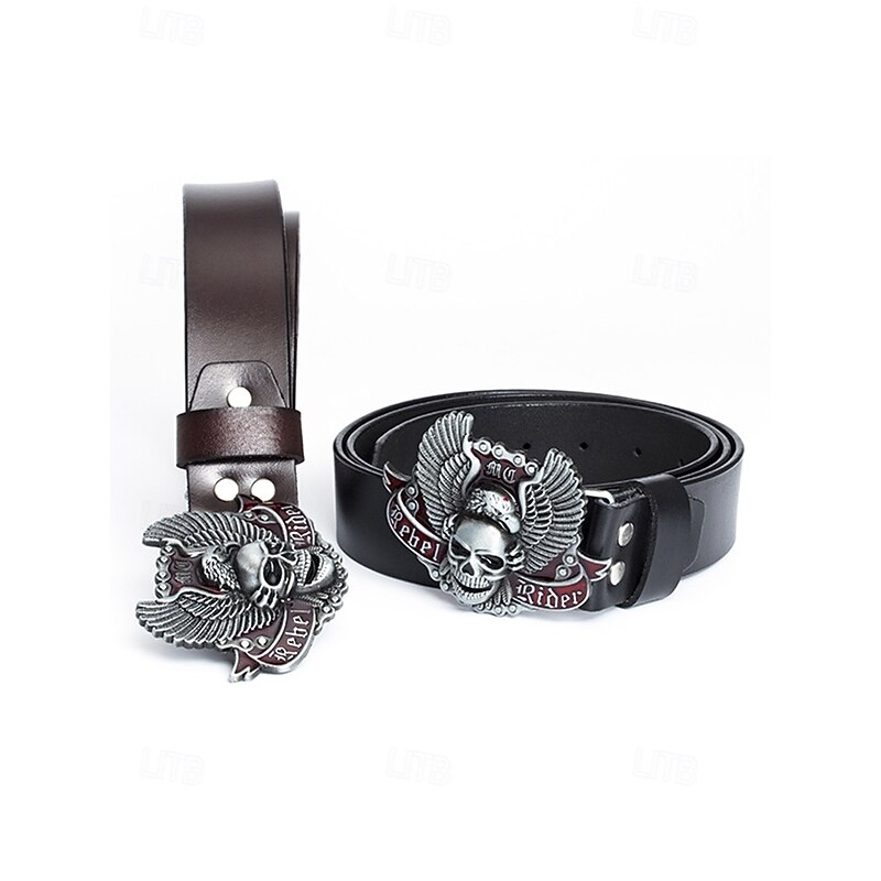 Men's Halloween Genuine Leather Belt with Skull Eagle Buckle – Gothic Punk Rock Biker Style Accessory for Parties and Festivals3
