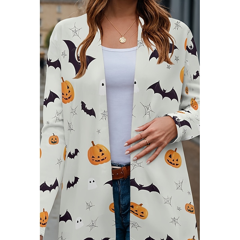 Halloween Women's Coat Lightweight Comfortable Pumpkin Print Vintage Artistic Casual Skull Casual Long Collarless Regular Fit Long Sleeve Outerwear Black White Pink Spring Fall2