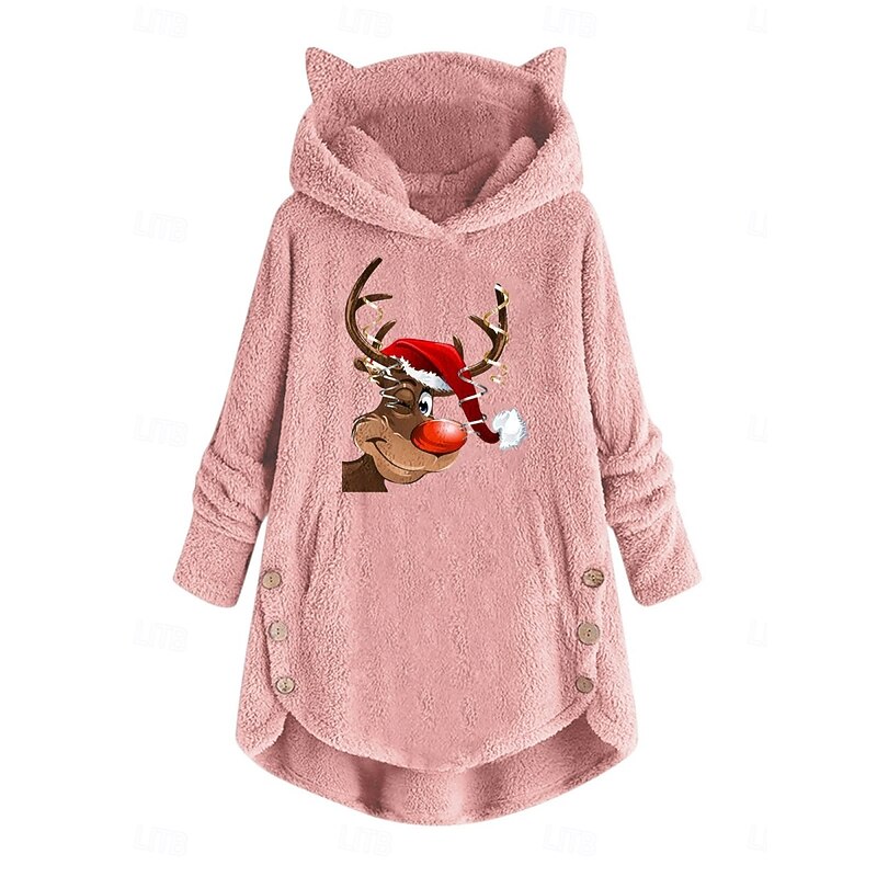 Women's Pullover Hoodie Sweatshirt Reindeer Casual Long Sleeve Hooded Crop Tops Street Dailywear Casual Pocket Print Pink Wine Gray Fall Winter2