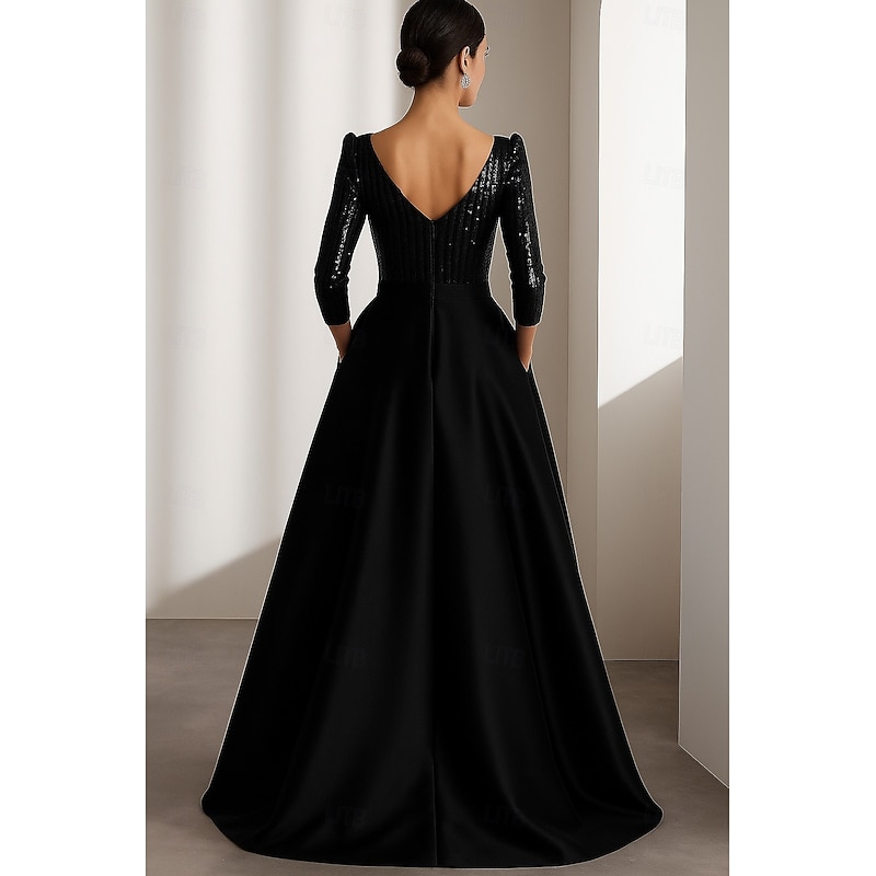 Black Red Sequin A-Line Evening Gown Elegant Formal Dress Formal Wedding Floor Length Long Sleeve V Neck Satin with Glitter Pleats 20252