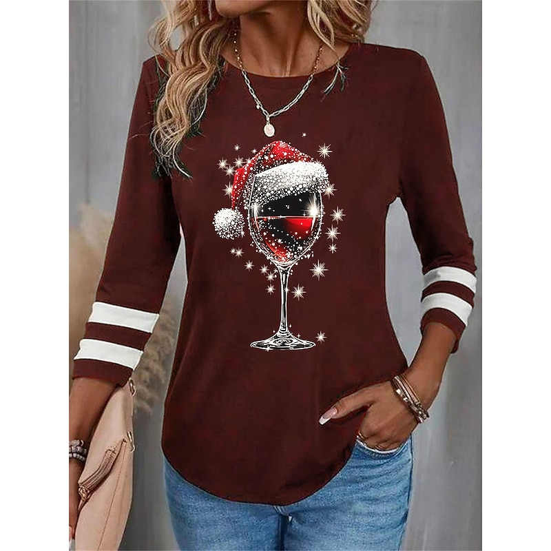 Christmas Women's T Shirt Graphic Wine Glass Vintage Fashion Stylish Long Sleeve Crew Neck Round Neck Regular Tops Daily Weekend Print Black Wine Blue Purple Green Fall Winter4