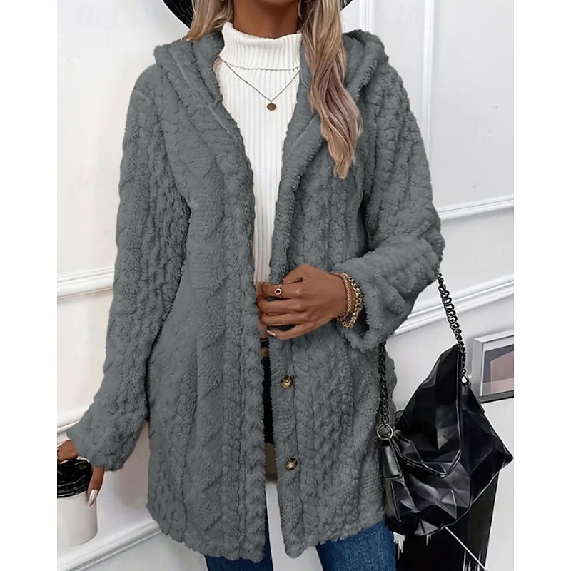 Women's Teddy Coat Hoodie Jacket Warm Comfortable Buttons Casual Plain Vacation Going out Weekend Regular Hoodie Regular Fit Long Sleeve Outerwear Black White Apricot Fall Winter4