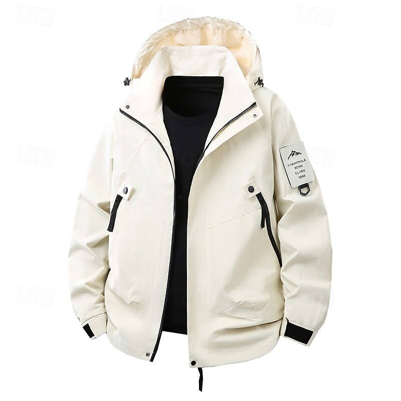 Men's Outdoor Jacket Raincoat Hiking Jacket Daily Hiking Windproof Rainproof Pocket Spring Fall Plain Fashion Classic Hooded Regular Black Yellow Sage Purple Beige Jacket3