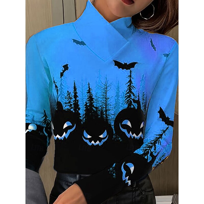 Halloween Women's T shirt Pumpkin Graphic Elegant Vintage Stylish Long Sleeve High Neck Regular Tops Daily Print Blue Purple Orange Green Spring Fall Winter2