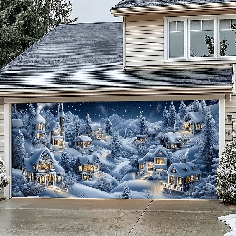 Christmas Outdoor Garage Door Cover Christmas Snow Village Reindeer Santa Claus Nativity Scene Christmas Tree Large Tapestry Backdrop Decoration For Holiday Outdoor Garage Door Home Wall Decorations
