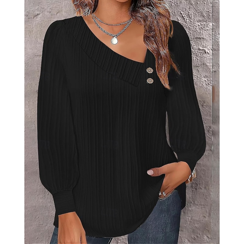 Women's Shirt Blouse Plain Stylish Long Sleeve Asymmetrical Regular Tops Holiday Going out Buttons Black White Spring Fall3