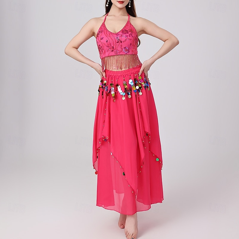 Belly Dance Skirts Tassel Pure Color Splicing Women's Performance Training Sleeveless High Polyester2