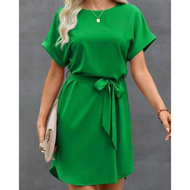 Women's Mini Dress Satin Dress Fashion Modern Outdoor Vacation Holiday Regular Fit Plain Short Sleeve Crew Neck Wine Blue Dark Green Green Summer Spring Fall