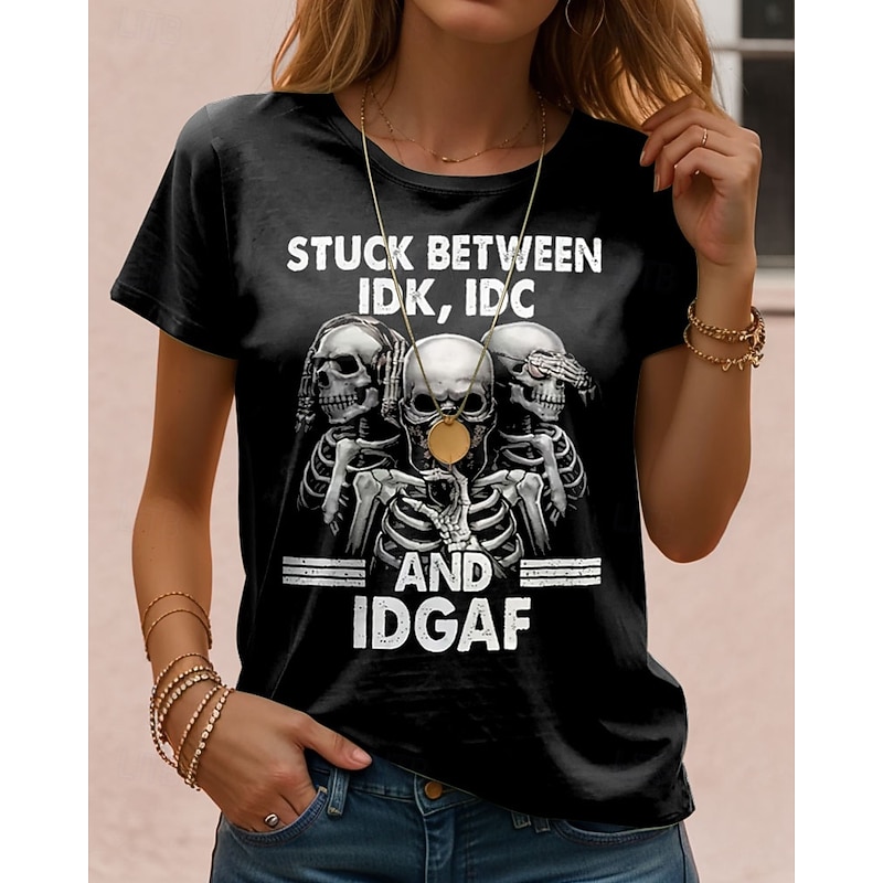 Women's T Shirt Graphic Skull Letter Vintage Stylish Casual Short Sleeve Crew Neck Regular Tops Daily Going out Weekend Print Black Blue Green Gray Summer