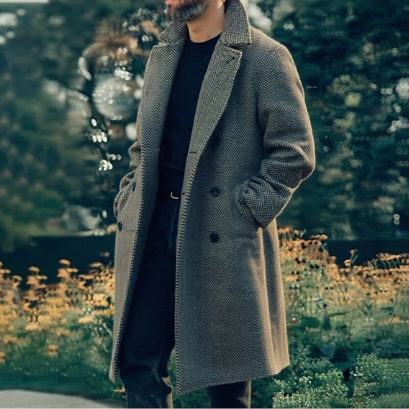 Men's Trench Coat Long Trench Coat Daily Vacation Fall & Winter Polyester Thermal Warm Outerwear Clothing Apparel Fashion Classic Geometric Pocket Lapel Double Breasted2