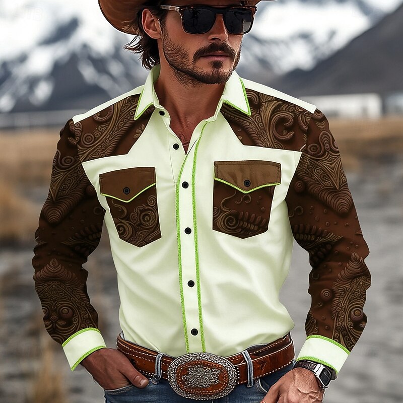 Men's Paisley Floral Print Ethnic Shirt Western Shirt Cowboy Shirt Long Sleeve Vintage Retro Outdoor Daily WorkWear Fall & Winter Turndown 3D Print Front Two Pockets Button Up Shirts Light Pink Light3