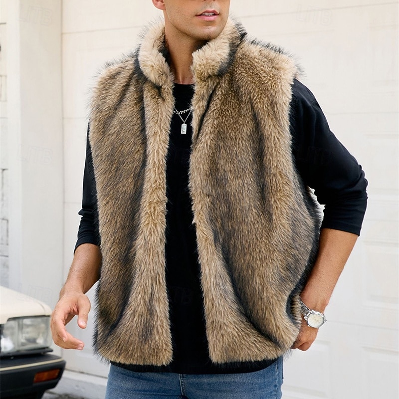 Men's Vest Faux Fur Gilet Outdoor Daily Fashion Casual Fall Winter Faux Fur Thermal Warm Comfortable Plain Standing Collar Regular Fit White Yellow Camel Gray Vest4