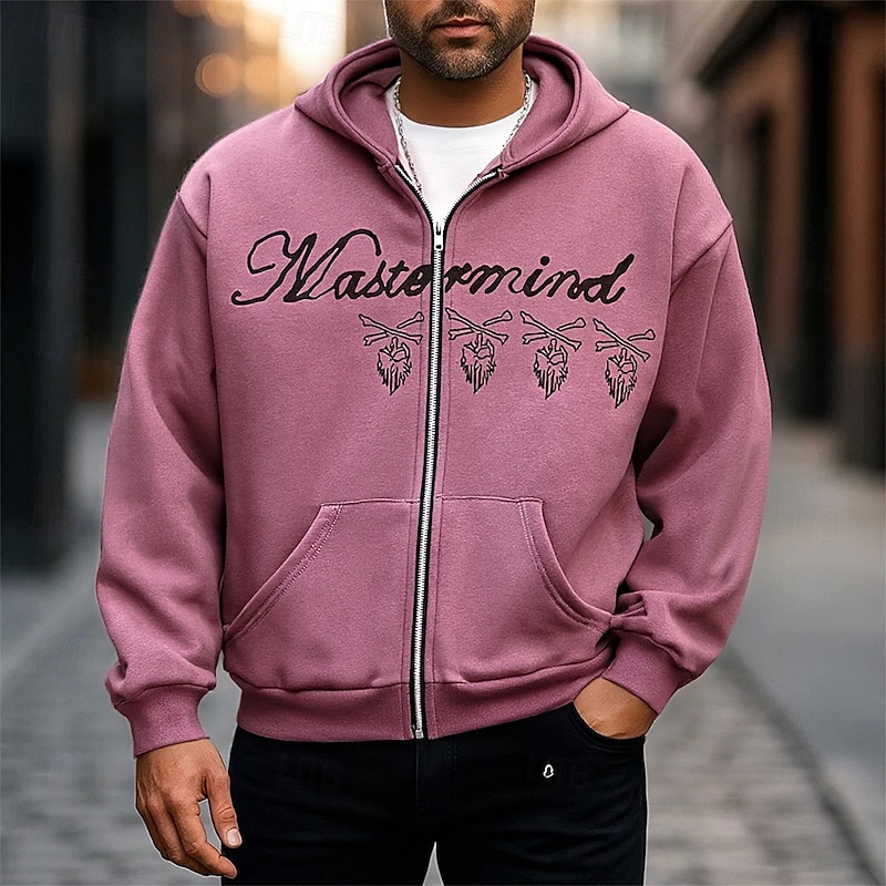 Men's Graphic Hoodie Fashion Daily Hooded Vacation Party Streetwear Black Pink Zip Up Pocket Printing Spring Fall Designer