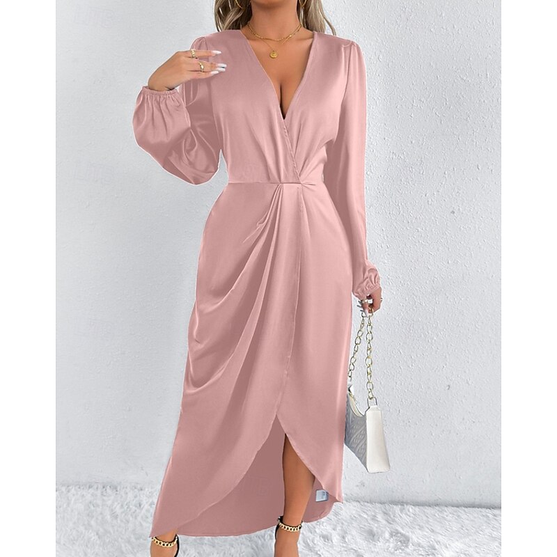 Women's Midi Dress Party Dress Cocktail Dress Satin Dress Elegant Fashion Modern Party Evening Party Regular Fit Plain Long Sleeve V Neck Pink Army Green Dark Green Brown Summer Fall Winter2