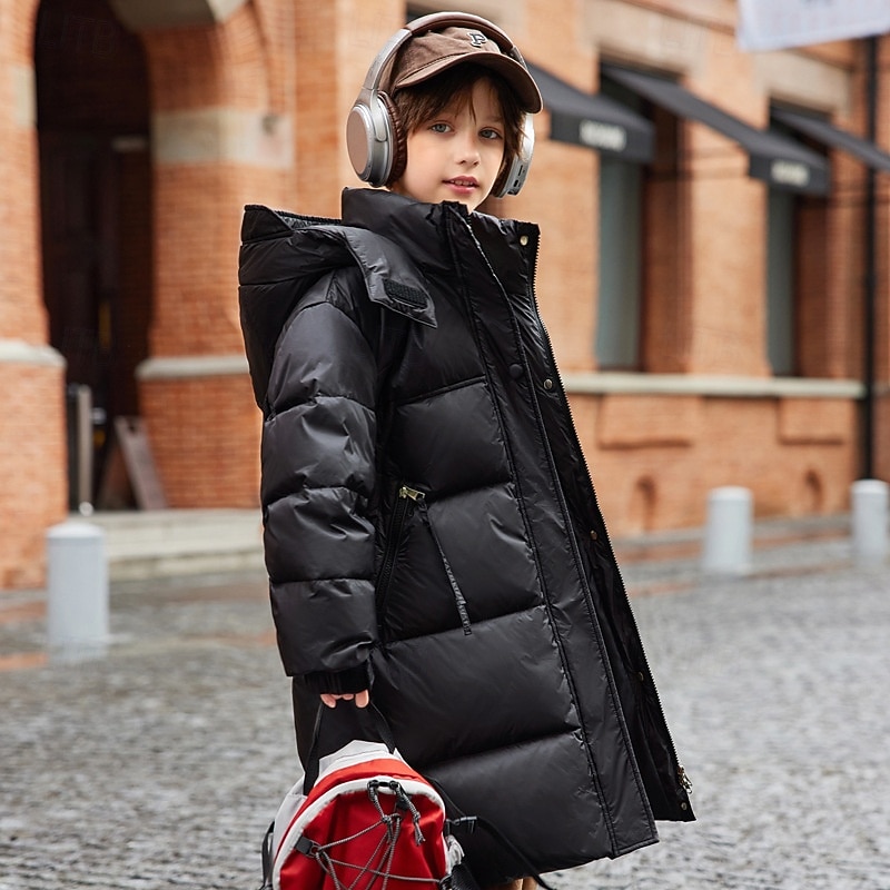 Kids Boys' Down Jacket Outdoor Jacket Puffer Jacket Outerwear Solid Color Long Sleeve Waterproof Keep Warm Windproof Coat Outdoor Daily Basic Black Red Green Fall Winter 4 years+