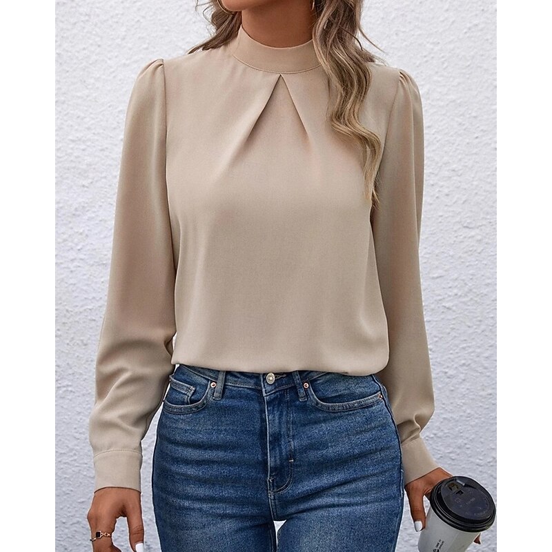 Women's Shirt Elegant Dressy Satin Solid Color Stylish Casual Long Sleeve High Neck Regular Tops Daily Going out Black Yellow Light Green Red Purple Spring Fall4