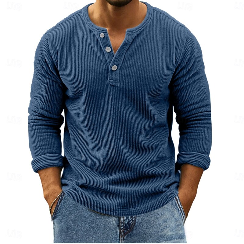 Men's Corduroy Shirt Henley Shirt Tee Long Sleeve Solid Color Plain Textured Fashion Designer Casual Buttons Henley Outdoor Casual Daily Fall Winter All Seasons Green khaki Dark Gray Henley T-Shirt4