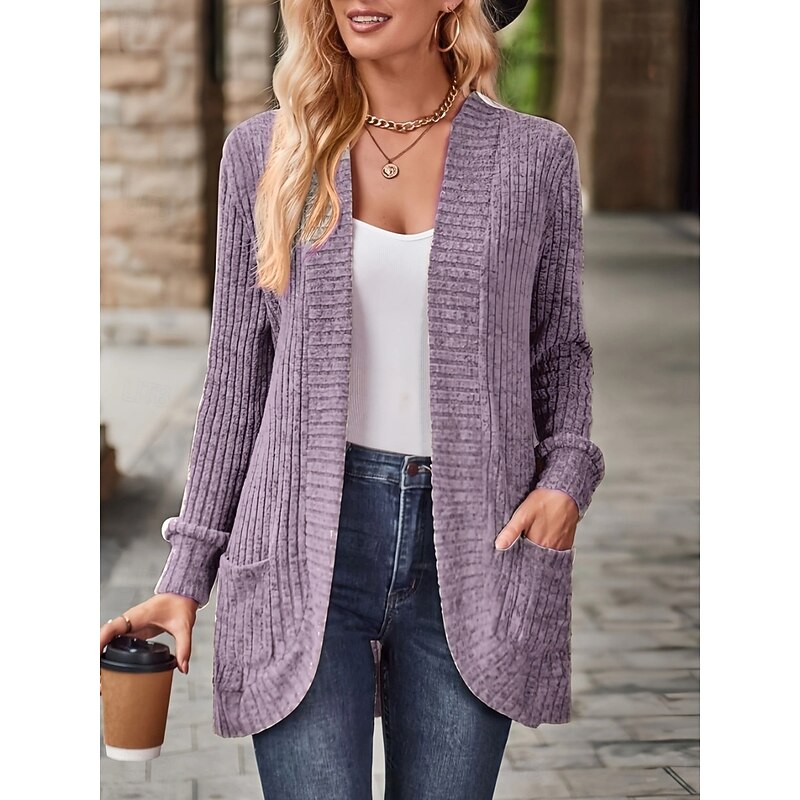 Women's Casual Jacket Comfortable Breathable Pocket Casual Plain Vacation Street Daily Wear Going out Open Front Regular Collarless Regular Fit Long Sleeve Outerwear Wine Sky Blue Purple Spring Fall2