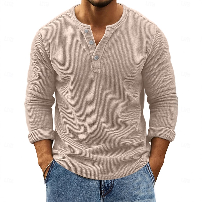 Men's Corduroy Shirt Henley Shirt Tee Long Sleeve Solid Color Plain Textured Fashion Designer Casual Buttons Henley Outdoor Casual Daily Fall Winter All Seasons Green khaki Dark Gray Henley T-Shirt3