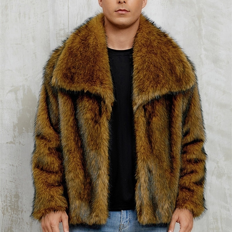 Men's Casual Jacket Faux Fur Coat Vacation Daily Thermal Warm Plush Fall Winter Plain Fashion Streetwear Lapel Regular White Yellow Camel Grey Jacket