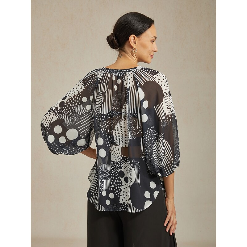 Women's Female Casual Shirt Abstract Casual Puff Sleeve Black Graphic 3/4 Length Sleeve Elegant Bohemia Vacation V Neck Summer2