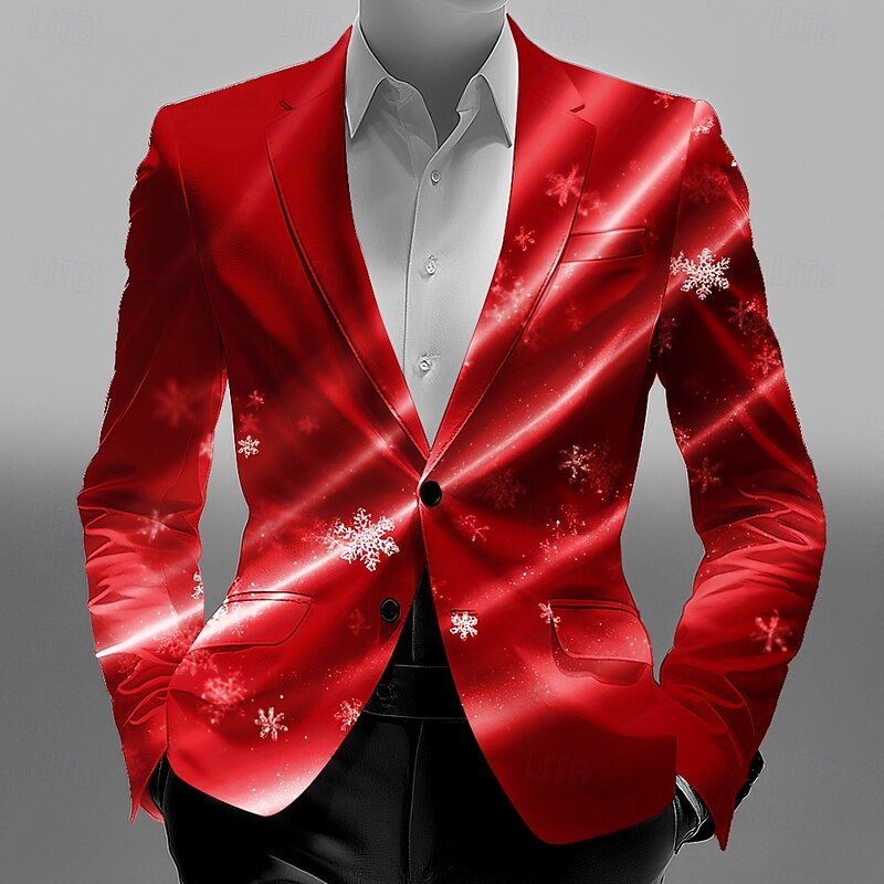 Men's Blazer Coat Christmas Casual Daily Modern Fall / Winter All Seasons 100% Polyester Snowflake 3D Print Buttons Thermal Warm Comfortable Single Breasted Blazer Red Blue Purple Green4
