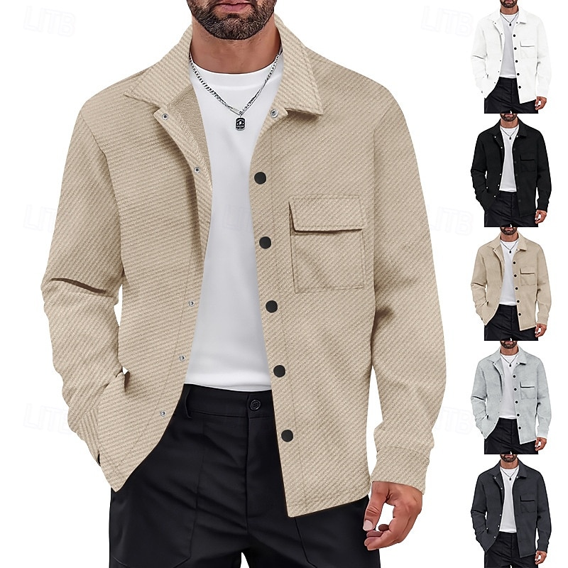 Men's Lightweight Jacket Cargo Jacket Casual Jacket Vacation Daily Breathable Jacquard Pocket Spring Fall Plain Fashion Classic Lapel Regular Black White Khaki Light Grey Dark Gray Jacket