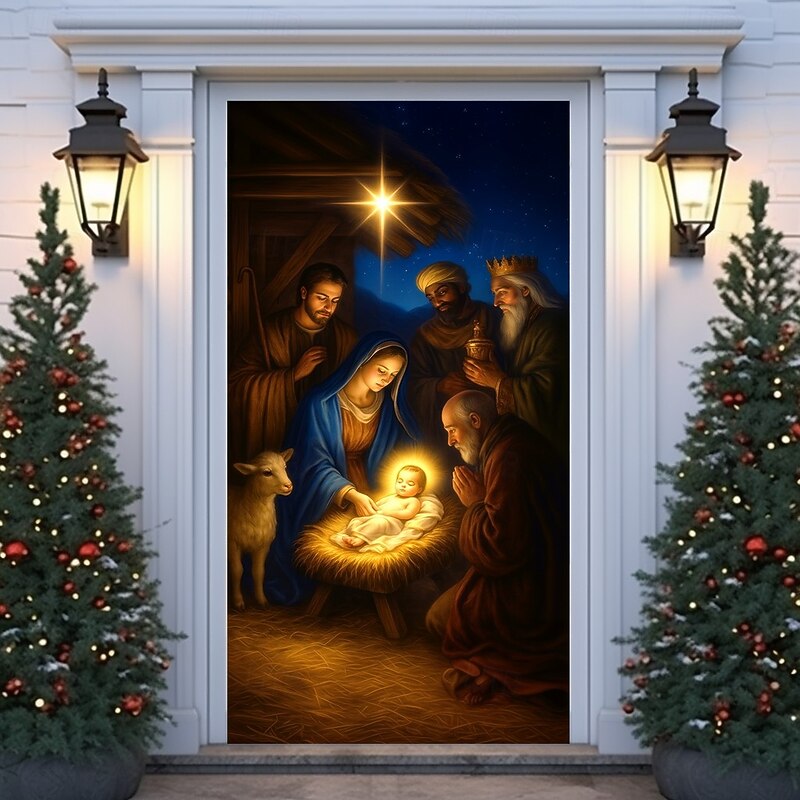 Christmas Door Cover, Holy Family Nativity Scene Door Curtain with Baby Jesus, Mary and Joseph, Religious 2025 Xmas Door Hanging for Holiday Party Home Decor