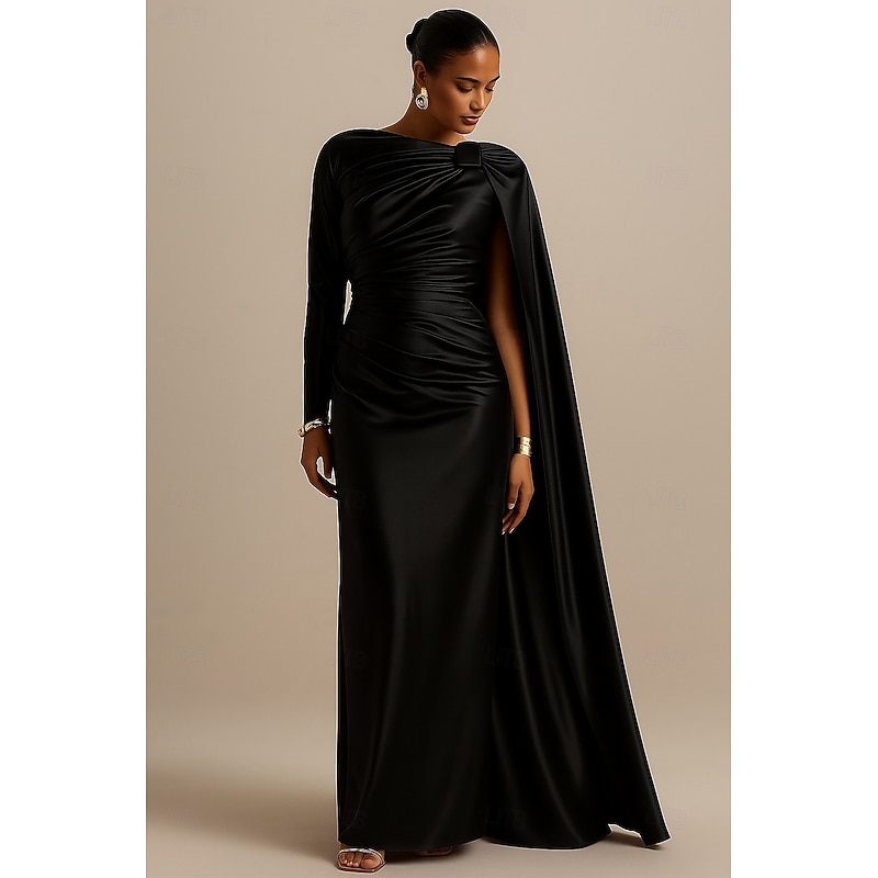 Sheath / Column Evening Gown Elegant Formal Dress Formal Wedding Floor Length Long Sleeve One Shoulder Satin with Pleats 20253